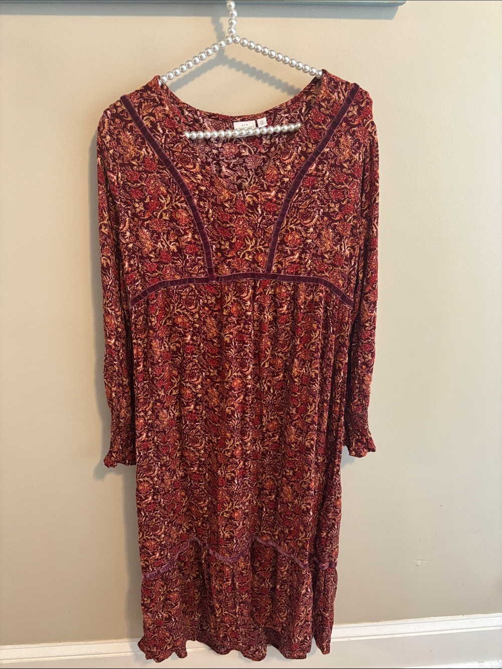 New Directions Red Floral Maxi Dress Velvet Trim Long Sleeve Boho Size 12 Rayon